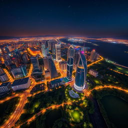 aerial view of the city of Plana, showcasing modern skyscrapers and vibrant city lights at night, surrounded by lush green parks and waterways, with a clear starry sky above