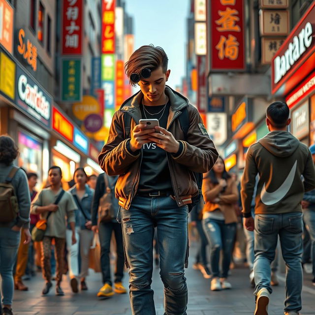 A modern human NPC in a bustling urban environment