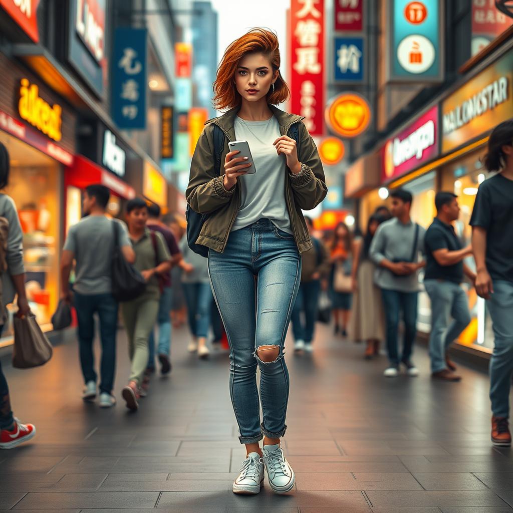 A modern female human NPC in a bustling urban environment