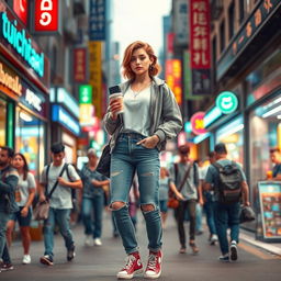 A modern female human NPC in a bustling urban environment