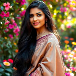 A beautiful Indian woman with long, flowing black hair poses gracefully, wearing a traditional sari with intricate patterns