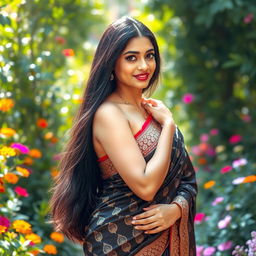 A beautiful Indian woman with long, flowing black hair poses gracefully, wearing a traditional sari with intricate patterns