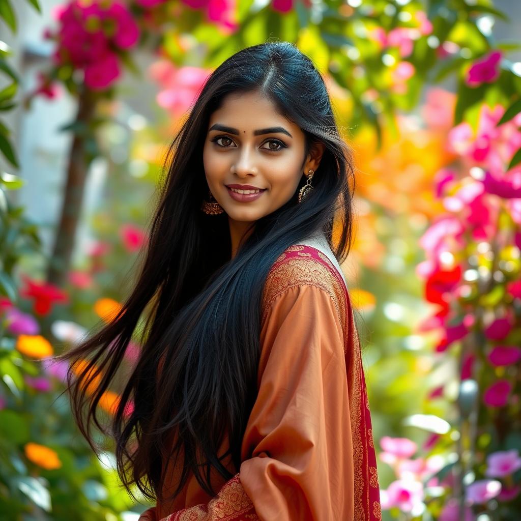 A beautiful Indian woman with long, flowing black hair poses gracefully, wearing a traditional sari with intricate patterns