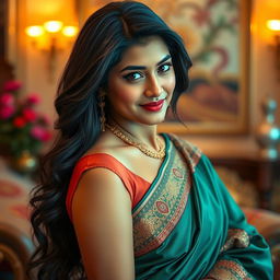 An attractive Indian woman in an elegant pose, showcasing traditional beauty and charm