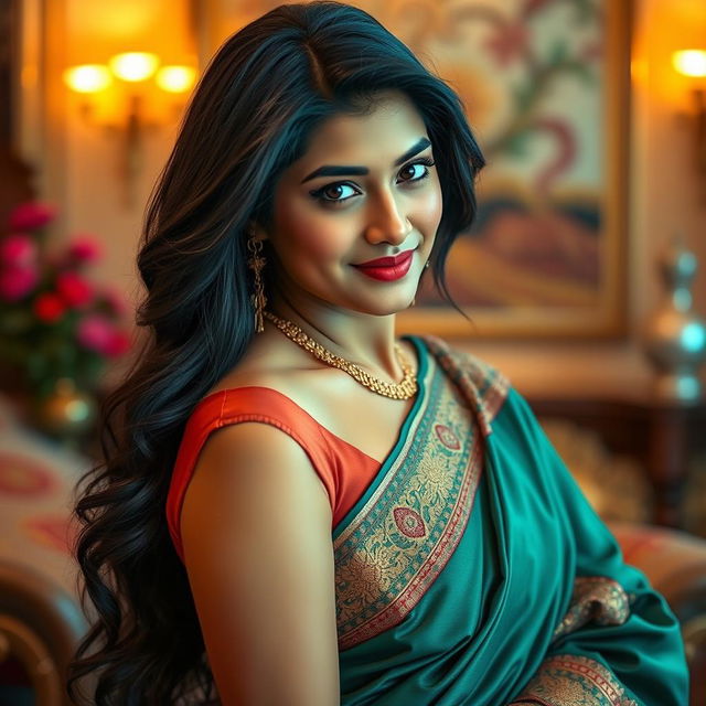 An attractive Indian woman in an elegant pose, showcasing traditional beauty and charm