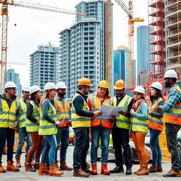 A group of modern construction workers on a bustling construction site