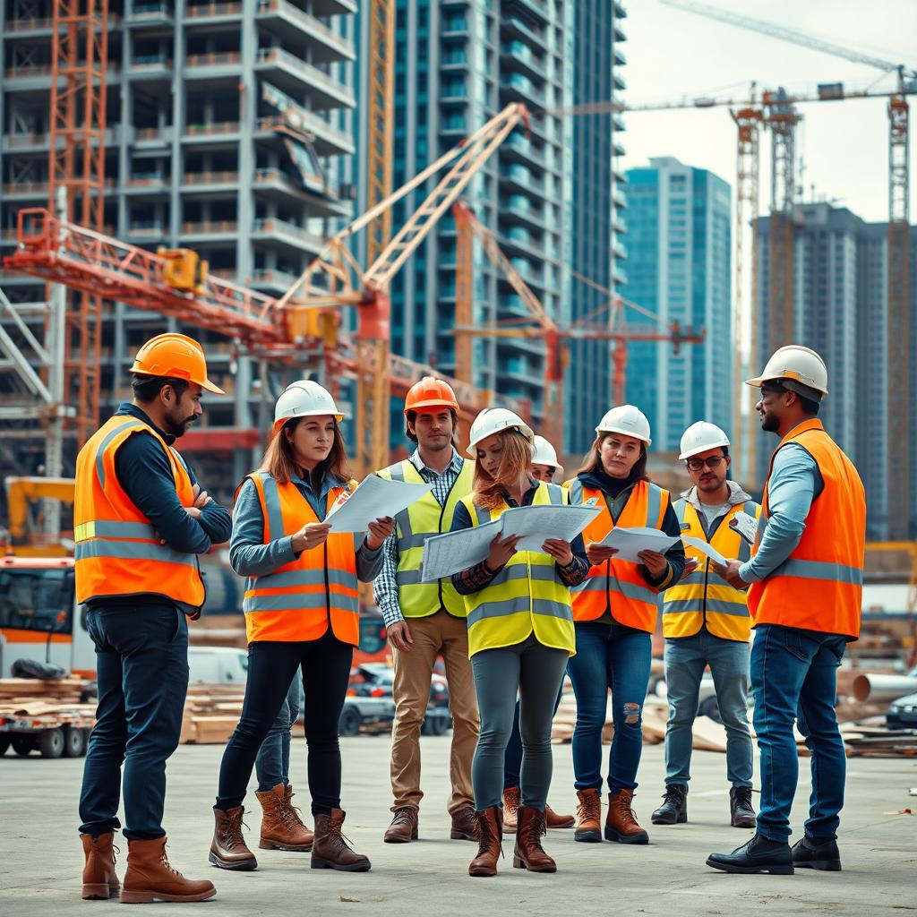 A group of modern construction workers on a bustling construction site