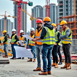 A group of modern construction workers on a bustling construction site