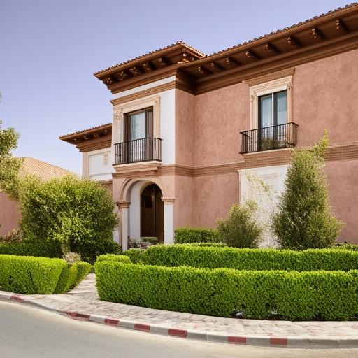 A 20 marla Spanish home design, adorned with classic Spanish architectural elements like red tile roofs, white stucco walls, and elaborate wrought-iron details.