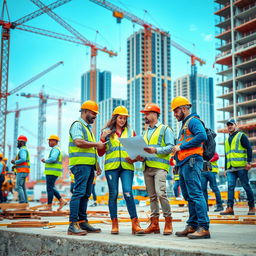 A group of modern construction workers on a bustling construction site