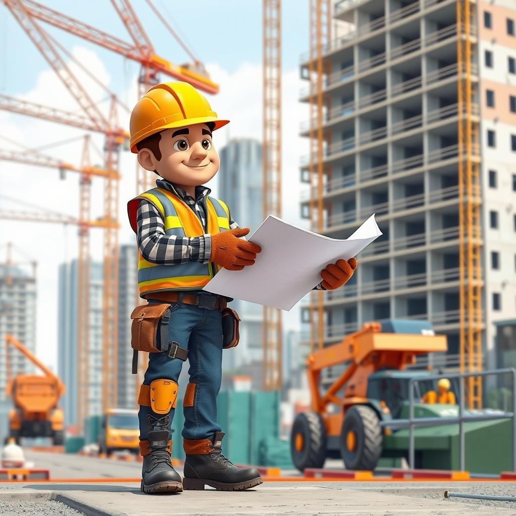 A modern construction worker on a busy construction site