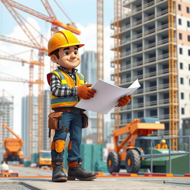 A modern construction worker on a busy construction site