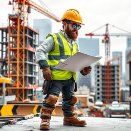 A modern construction worker on a busy construction site