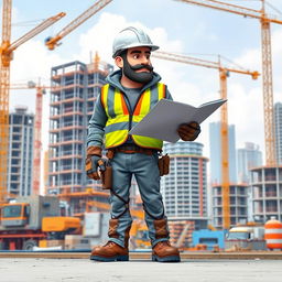 A modern construction worker on a busy construction site