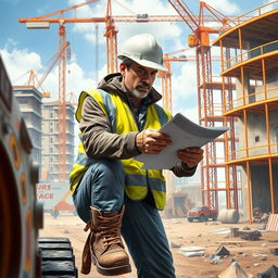 A highly realistic portrayal of a construction worker on an active construction site