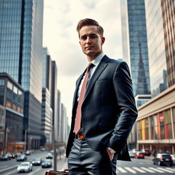 A highly realistic image of a businessman in a professional urban setting