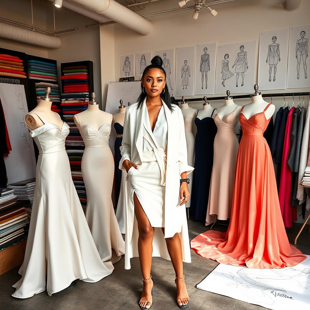 A talented fashion designer in their stylish studio, showcasing a collection of elegant, modern dresses on mannequins