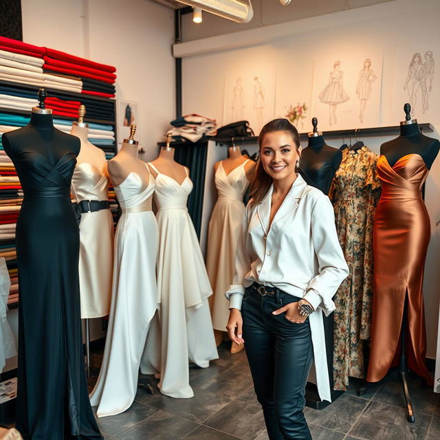 A talented fashion designer in their stylish studio, showcasing a collection of elegant, modern dresses on mannequins