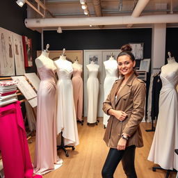 A talented fashion designer in their stylish studio, showcasing a collection of elegant, modern dresses on mannequins