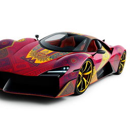 A Romania-inspired hypercar, featuring sleek and aerodynamic design elements incorporating Romanian cultural motifs