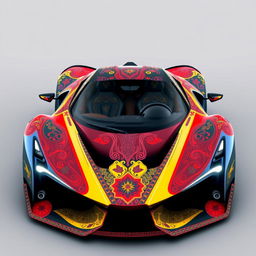 A Romania-inspired hypercar, featuring sleek and aerodynamic design elements incorporating Romanian cultural motifs