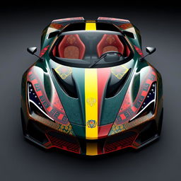 A Romania-inspired hypercar, featuring sleek and aerodynamic design elements incorporating Romanian cultural motifs