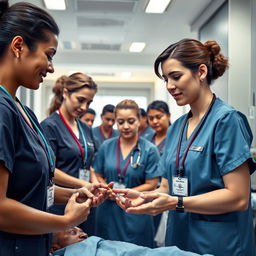 A realistic depiction of a team of nurses in a modern hospital environment