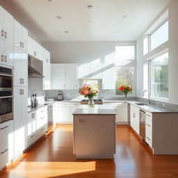 A beautifully designed modern kitchen with sleek white cabinetry, a large island with granite countertops, stainless steel appliances, and a spacious open layout