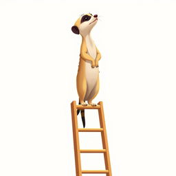 A charming 2D illustration of a meerkat standing upright at the very top of a ladder, gazing curiously into the distance