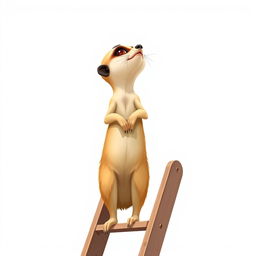 A charming 2D illustration of a meerkat standing upright at the very top of a ladder, gazing curiously into the distance