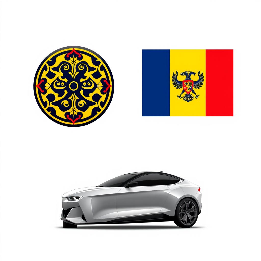 Concept for a Romanian-inspired car brand, featuring a logo designed with traditional Romanian motifs, such as intricate geometric patterns or influences from Romanian folk art