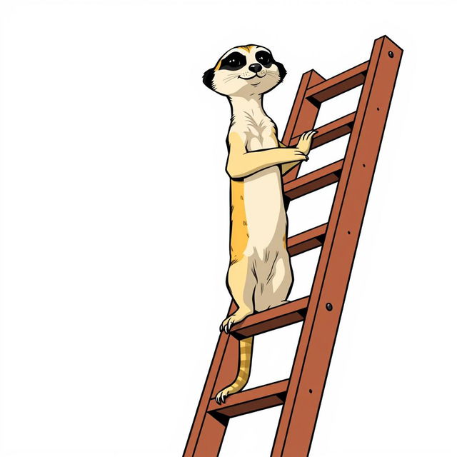 A delightful 2D illustration of a meerkat standing upright at the very top of a ladder, designed in a classic old American comic style