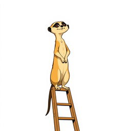 A delightful 2D illustration of a meerkat standing upright at the very top of a ladder, designed in a classic old American comic style