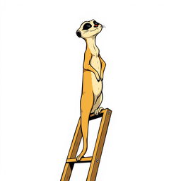 A delightful 2D illustration of a meerkat standing upright at the very top of a ladder, designed in a classic old American comic style