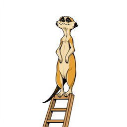 A delightful 2D illustration of a meerkat standing upright at the very top of a ladder, designed in a classic old American comic style