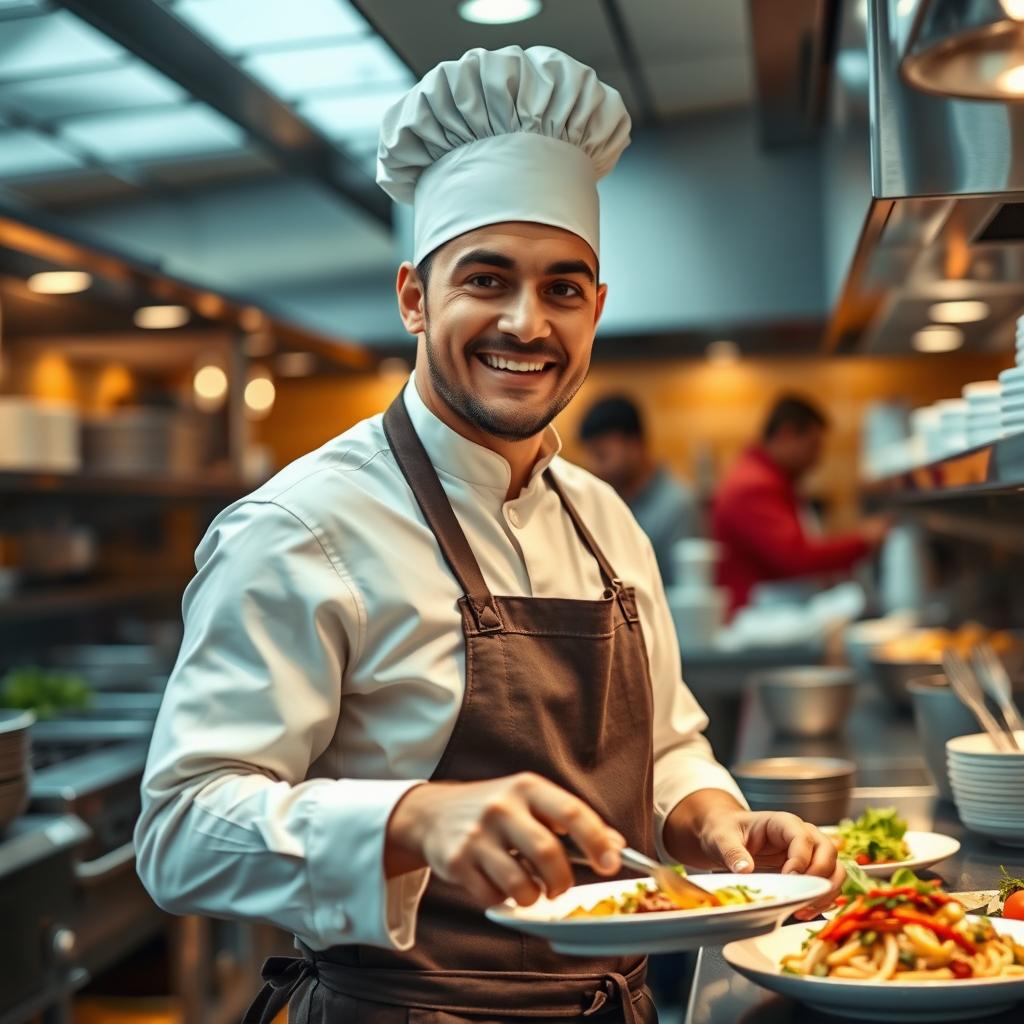 A realistic portrayal of a restaurant worker in a bustling kitchen environment