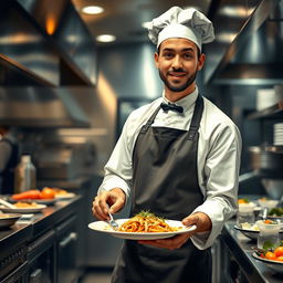 A realistic portrayal of a restaurant worker in a bustling kitchen environment