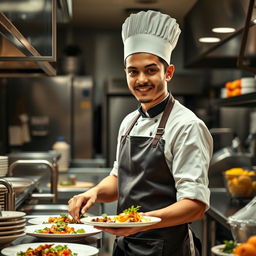 A realistic portrayal of a restaurant worker in a bustling kitchen environment