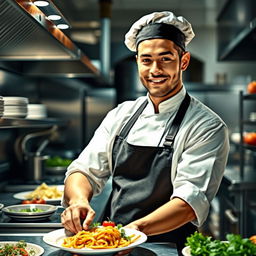 A realistic portrayal of a restaurant worker in a bustling kitchen environment