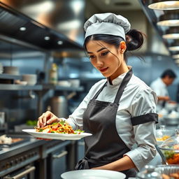 A realistic portrayal of a female restaurant worker in a bustling kitchen environment