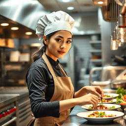 A realistic portrayal of a female restaurant worker in a bustling kitchen environment