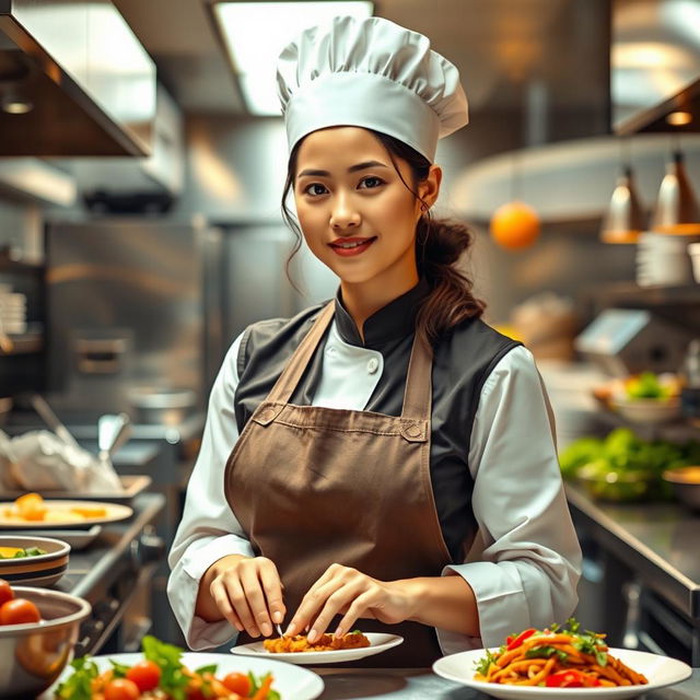 A realistic portrayal of a female restaurant worker in a bustling kitchen environment