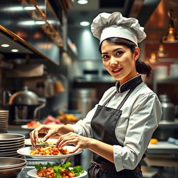 A realistic portrayal of a female restaurant worker in a bustling kitchen environment