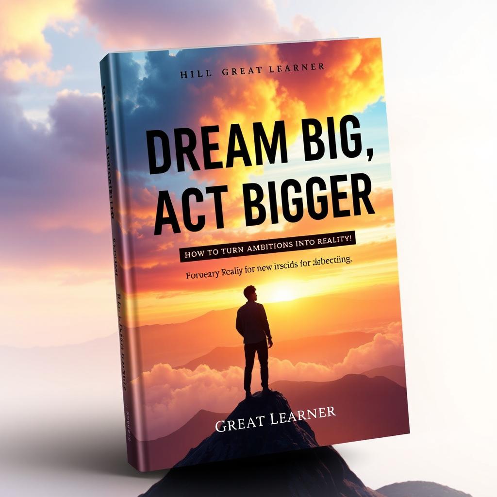 A captivating book cover design illustrating the theme "Dream Big, Act Bigger: How to Turn Ambitions into Reality!" by Great Learner