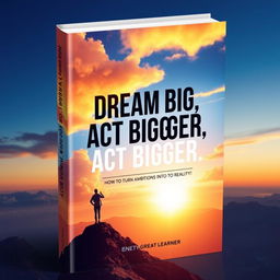 A captivating book cover design illustrating the theme "Dream Big, Act Bigger: How to Turn Ambitions into Reality!" by Great Learner