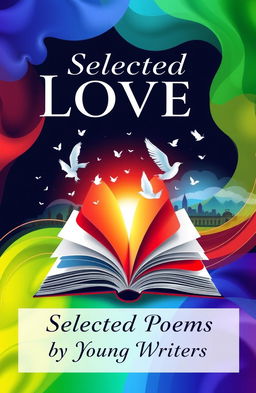 A captivating book cover design titled "Selected Poems by Young Writers" that creatively captures the themes of love, patriotism, the beauty of the country, happiness, sadness, joy, and pain