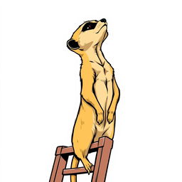 A captivating 2D illustration of a meerkat standing upright at the top of a ladder, raising its face upwards as if surveying the horizon