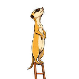 A captivating 2D illustration of a meerkat standing upright at the top of a ladder, raising its face upwards as if surveying the horizon