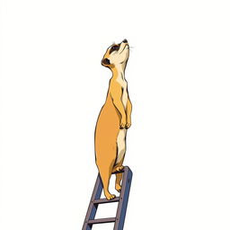 A captivating 2D illustration of a meerkat standing upright at the top of a ladder, raising its face upwards as if surveying the horizon