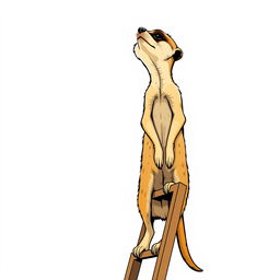 A captivating 2D illustration of a meerkat standing upright at the top of a ladder, raising its face upwards as if surveying the horizon